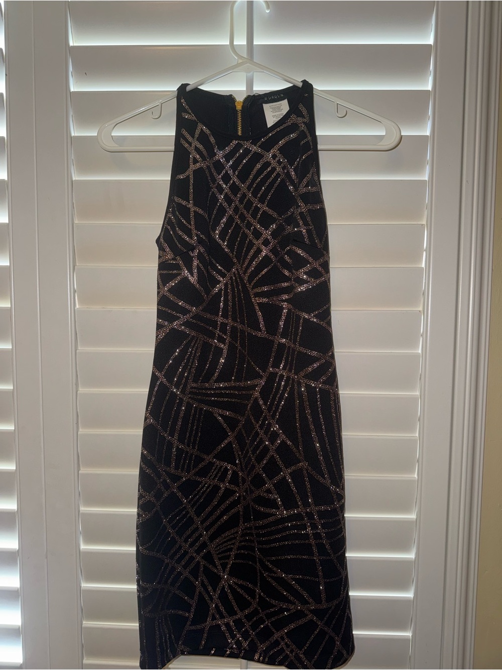 B Darlin Black Midi Dress with Rose-Gold Sequin Geometric Pattern